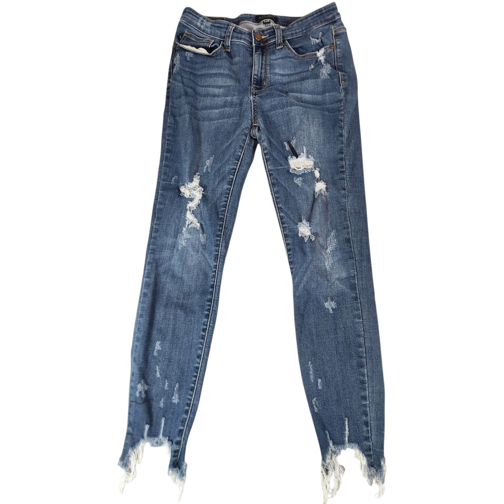 Judy Blue Skinny Fit Jeans Womens 7/28 Blue Distressed Shark Bite Hem JB82230DK